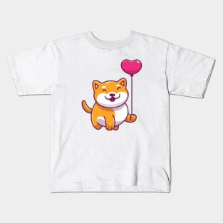 Cute shiba inu holding love ballon cartoon Kids T-Shirt